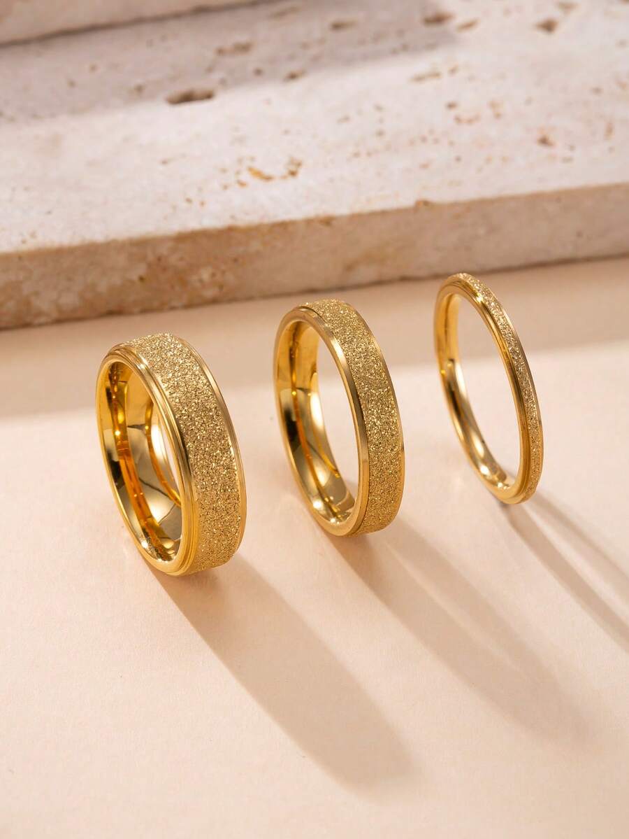3 件套哑光金不锈钢情侣戒指，适合日常佩戴的纯色戒指，适合日常搭配和情人节礼物 - 3件金黃色 - 查看 1