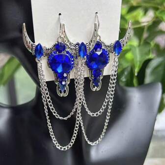 Retro Bull Horn Earrings With Tassels Blue Black Crystal Glass Dangle Earrings For Women, Unisex Statement Jewelry, Festival Party Accessories, Gift Idea