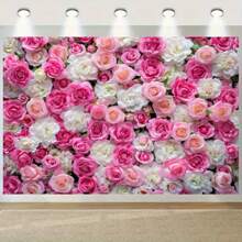 1pc 2D Flower Wall Backdrop Banner, Polyester Photography Background - Pink & White Roses Portrait, Suitable For Weddings, Bridal Showers, Multi-Purpose Photo Studio Props Decor - No Electricity Required