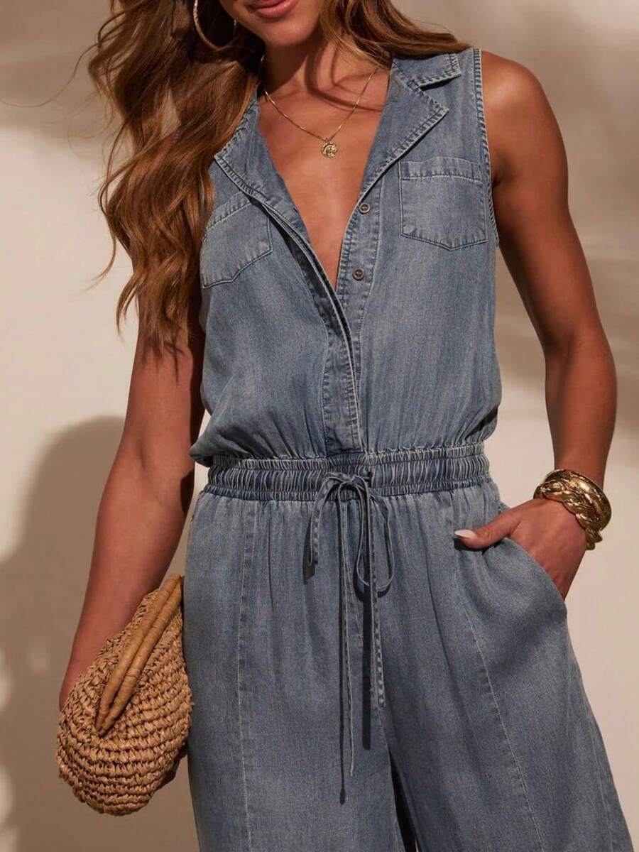 Women Denim Women Sleeveless V Neck Button Down Elastic Band Drawstring Wide Leg Jumpsuits Casual Harem Pants - 藍色 - 查看 1