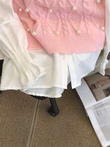 女士时尚优雅珍珠针织无袖毛衣背心，春夏