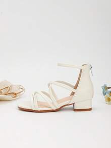 1 双夏季新款时尚高跟公主凉鞋，适合小女孩，学生舞蹈表演鞋，花朵和珍珠装饰罗马高跟鞋，适合婚礼、派对、日常穿着 - 白色 - 查看 3