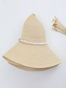 1 件女士串珠宽边草帽，适合度假、海滩、日常穿着