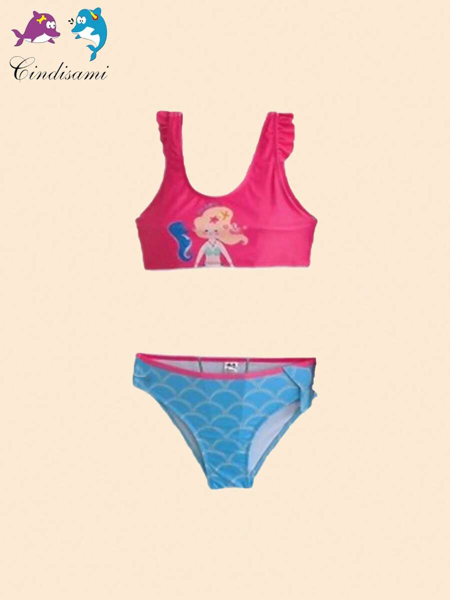 Conjunto de bikini infantil dividido para niñas de 4 a 10 años, sin mangas. El tejido es suave y delicado con la piel, decorado con adorables motivos cartonísticos de sirenas y diseños tridimensionales de colas de sirena en apliques. Es un conjunto de dos piezas ideal para niñas. - Rosa Fucsia - Ver 1