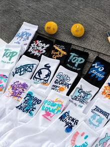 5/10 双涂鸦风格男女款中筒袜。独特时尚的街头风格袜子。适合日常穿着。秋季袜子 - 彩色 - 查看 2