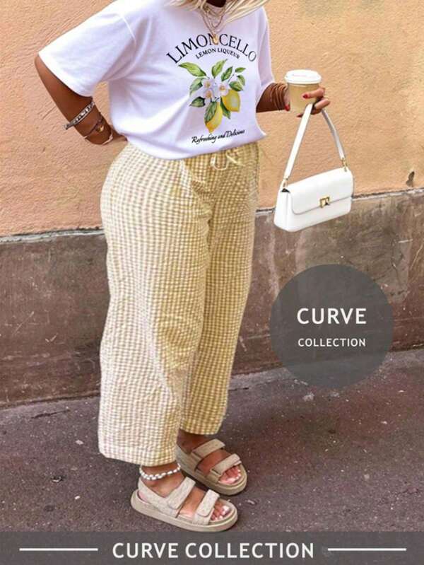 Große Größen Zitronen-Muster T-Shirt & karierte Weite Hose Set - Lässiger koordinierter Outfit, bequeme passende Herbstmode, müheloser Damen Zweiteiler, Streetwear für Frauen