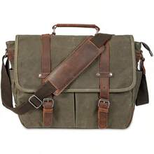Maletín de lona encerada de cuero genuino vintage, bolso de hombro grande, bolso de computadora resistente para laptop de 15.6" - Negro-3 - Ver 10
