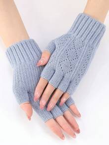 1双女士秋冬针织手套，带保暖内衬，户外保暖露指手套，时尚百搭袖套