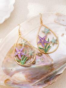 2pcs Metallic Colorful Oil Drip Starfish Drop Earrings, Suitable For Women Daily And Beach Wear