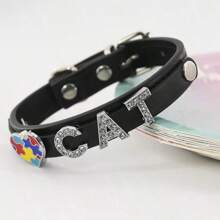 Colour Blocking Heart With Diamonds And Letters Cute Cat Collar PU Leather Pet Collar, Multiple Sizes, Simple Flat Collar, Multi-Colour, Suitable For Cats & Dogs