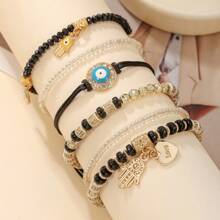 Multiple-Piece Bohemian Creative Devil Eye, Palm & Heart Beaded Multilayer Stretch Bracelet Set