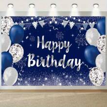 Sparkling Happy Birthday Banner Inches Silver And Navy Blue Party Background, Suitable For Male And Female Celebration Events
