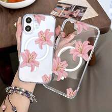 Funda para teléfono con estampado de lirios rosas (1 unidad). Funda magnética premium compatible con phone 6e/16/15/14/13/12/11/Promax/Pro/Plus/Xsmax/Xs/X y Galaxy S22/S23/S24/Plus/FE/Ultra. Diseño moderno y veraniego para mujer. - transparente - Ver 3