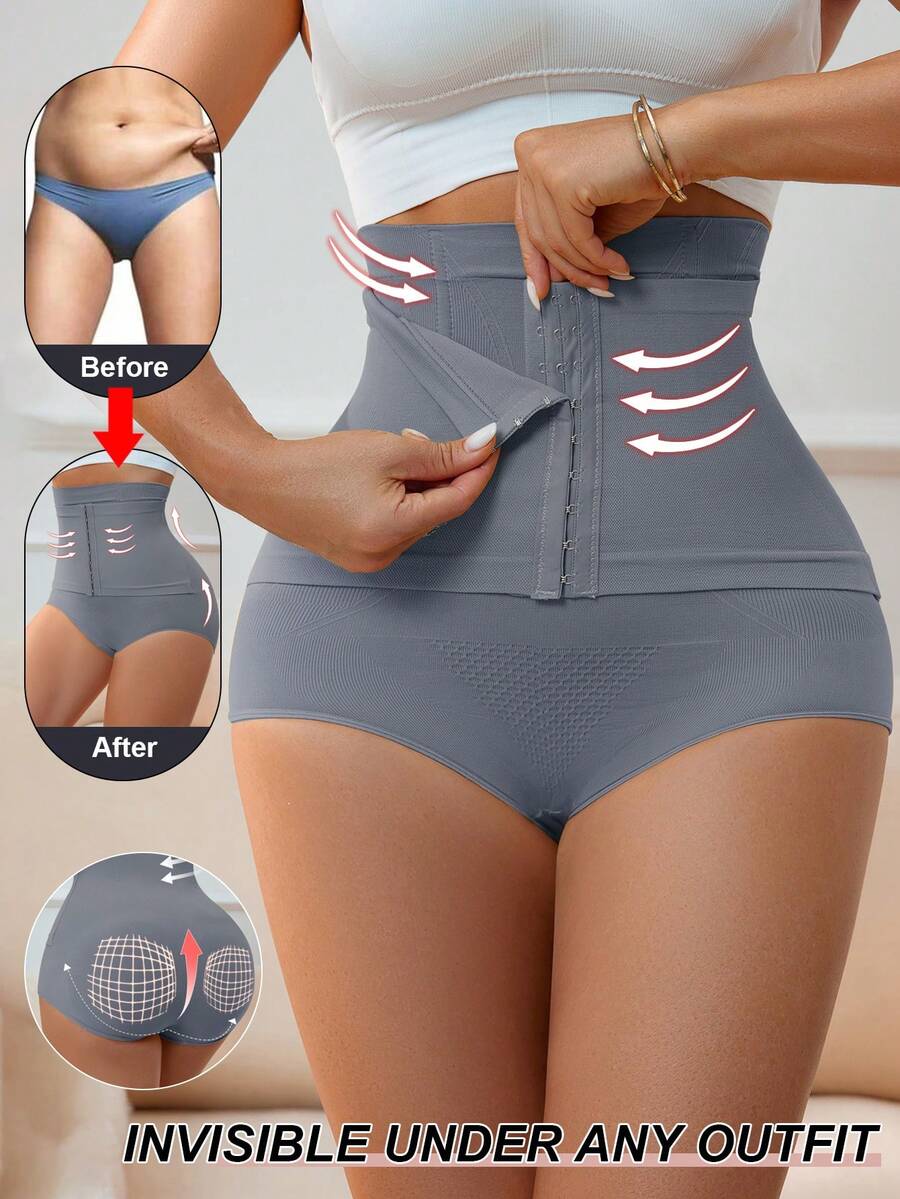 女士高腰塑身收腹内裤带扣塑身瘦身紧身平腹提臀提臀塑身腰部束腿控油内衣 - 深灰色 - 查看 1