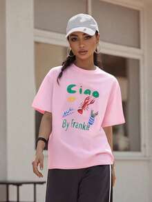 Women Summer Basic T-Shirt Casual Letter Fruit Lobster Print Short Sleeve Tops For Streetwear Aesthetic Grunge Clothes - 粉色 - 查看 5