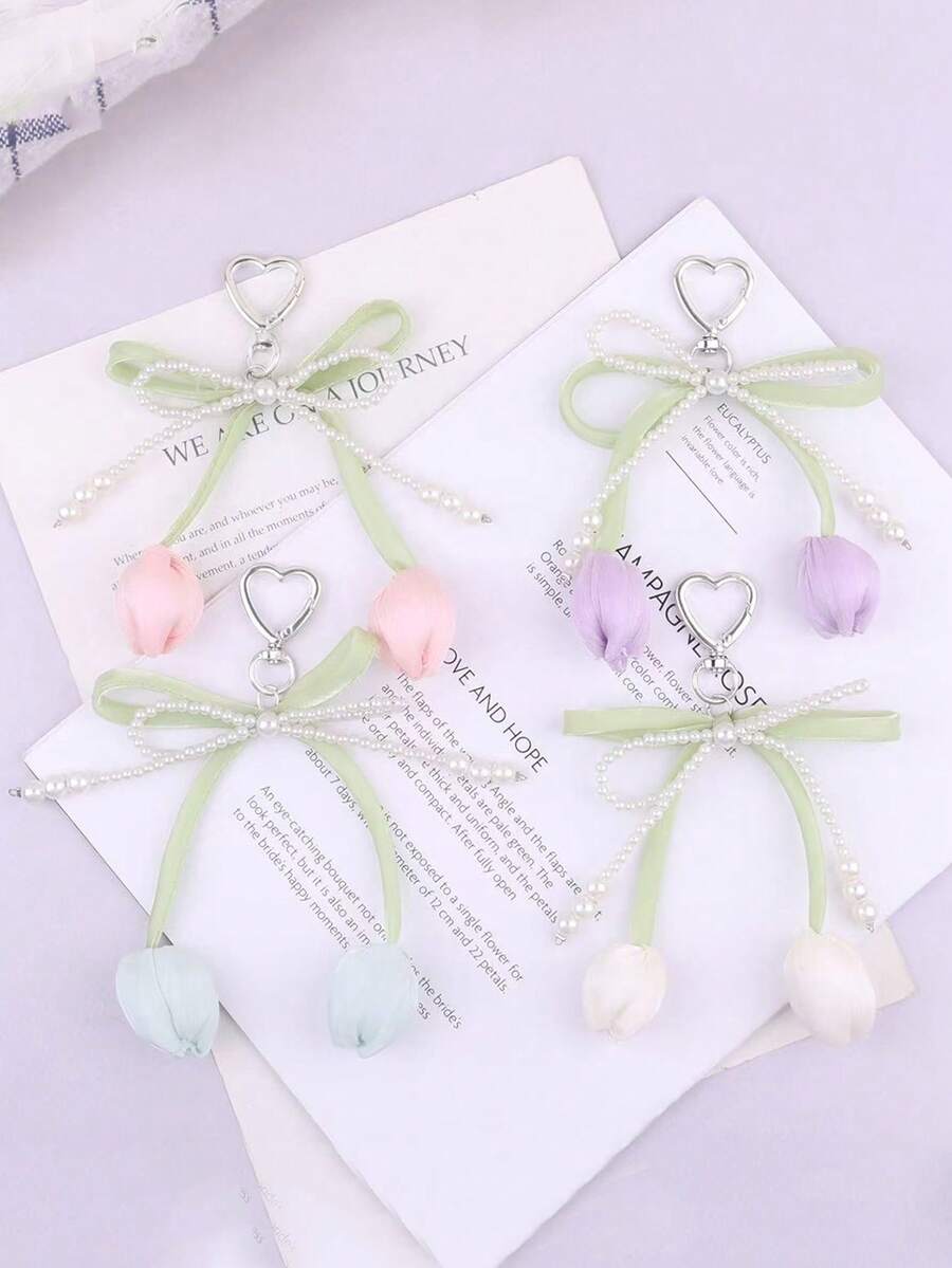 1pc Flower Ribbon Decor Chain Heart Shape Clasp Pearl Tulip Keychain For Women, Bag Charm - Multicolor - View 1