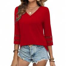 XIEERDUO 3/4 Length Sleeve Womens Tops Dressy Casual Blouses For Women 2025  V Neck T Shirts Summer Clothes - 紅色 - 查看 3
