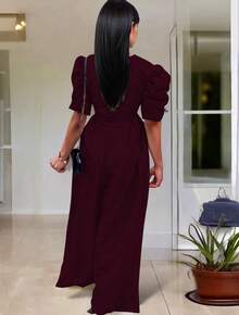 Mono de pierna ancha de manga farol escote profundo casual para mujer - Rojo violeta - Ver 5