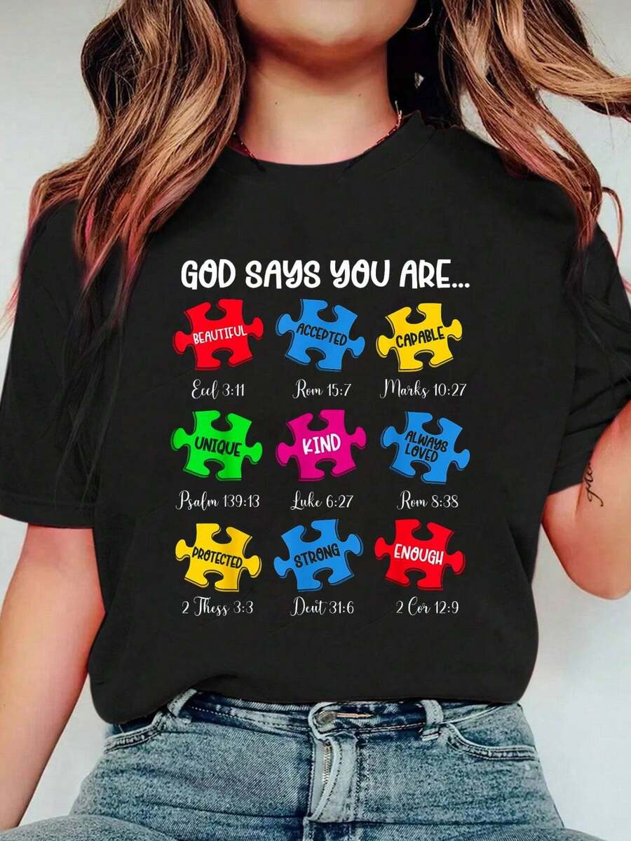 100% Cotton You Are Autism Awareness Puzzle Bible Verses Christian T-Shirt Women's Men's Plus Size Soft Tee Causal Tops Breathable - 黑色 - 查看 1