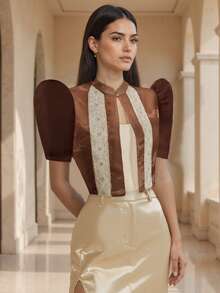 1 Piece Of Women's Elegant Bubble Sleeve Short Sleeved Shirt Top Bolero Filipiniana For Women - Brown - View 5