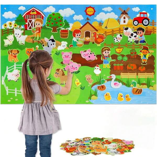 Farm Animals Felt Story Busy Board Set 41PCS Preschool Farmhouse Barnyard Theme Busy Board Story Set Storytelling Early Learning Interactive Play Kit Wall Hanging For Toddlers