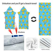 1 件柠檬条纹连帽斗篷，水果印花，超柔软超细纤维沙滩毯和连帽沙滩巾二合一，带纽扣，解开纽扣可转换为沙滩毯，超强吸水毛巾，适合旅行、泳池、潜水、冲浪、瑜伽、露营 - 彩色 - 查看 8
