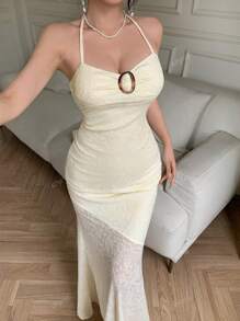 abyoxi Vestido de encaje con hombros descubiertos para primavera y verano, de cuello colgante, decoración con hebilla redonda, ruedo asimétrico con volantes y falda plisada de cola de pez a la cintura baja, vestido casual diario, vestido y falda, temporada de bodas