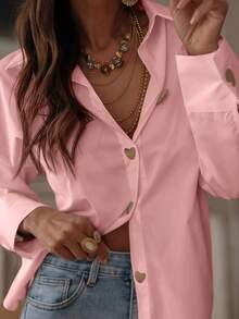 Women Elegant Casual Fashion Solid Heart Button Decor Shirt, Spring/Summer - Pink - View 4
