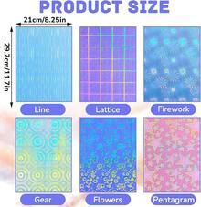 36 Sheets A4 Holographic Paper Sticker Transparent Waterproof Self Adhesive Film 11.X 8.3 Inches (Gem,, Colorful,) - 線條,格子,煙火,齒輪,花,五角星 - 查看 3