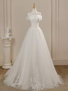 Gorgeous Elegant Noble & Cute White Off-Shoulder Mesh Corset Wedding Dresses For Bride