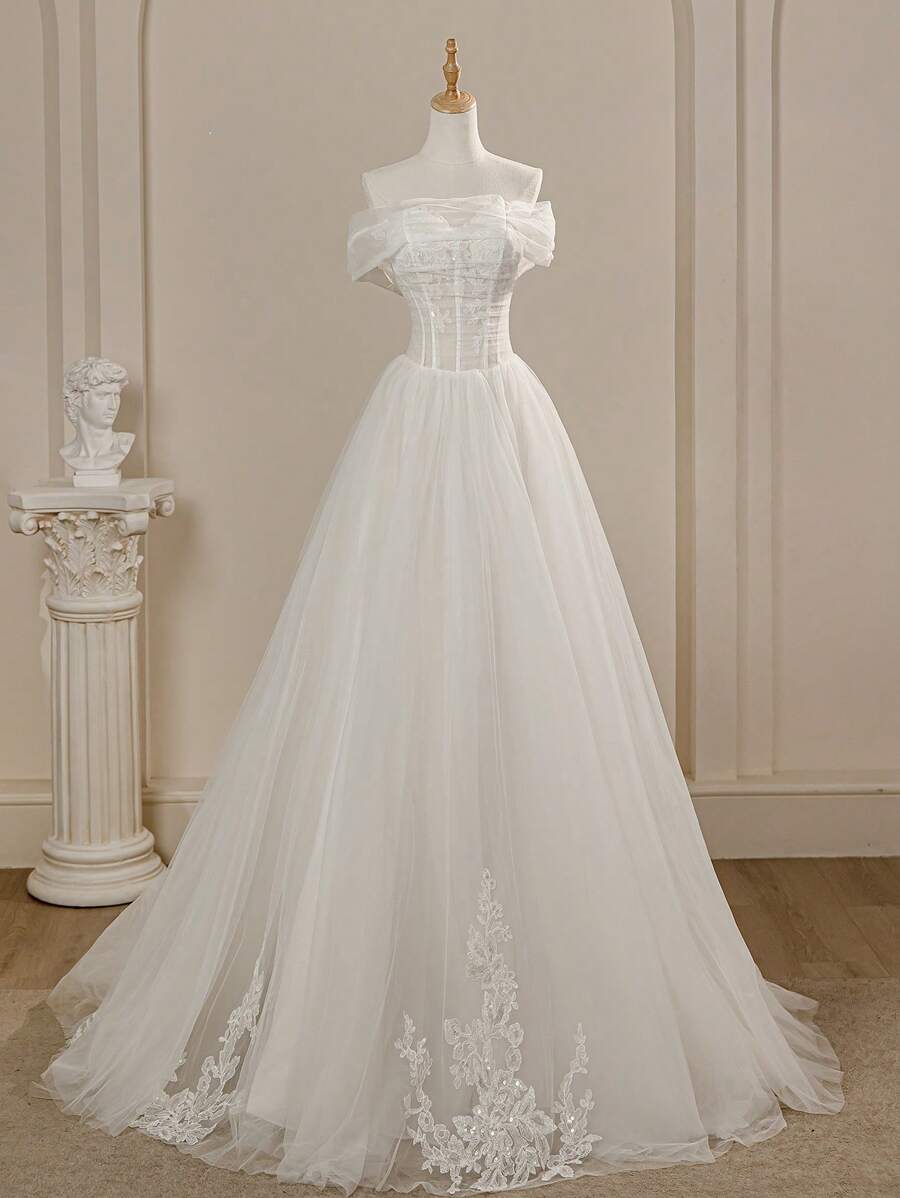 Gorgeous Elegant Noble & Cute White Off-Shoulder Mesh Corset Wedding Dresses For Bride