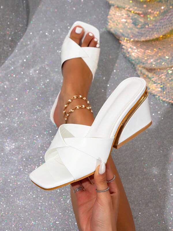 Women's Summer Open Toe High Heel Slide Sandals, Square Toe Chunky Heel, Versatile