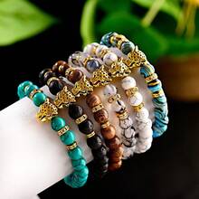 Gold Leopard Head Bracelet For Men Fashion Male Punk Blue Weathered Volcanic Lava Stone Bracelets Jewelry - Multicolor - View 4
