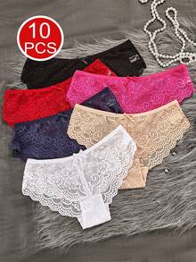 10 Pieces Of Mixed Color Women's Lace Floral Panties Lace Trim Splicing Comfortable And Breathable Women's Panties Daily Versatile Size S-L Optional Wear All Year Round 95% Cotton - 混色10件裝 - 查看 8