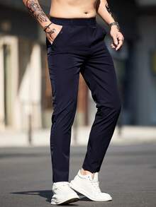Men's Solid Color Pockets Casual Commute Tapered Pants - Royal Blue - View 5