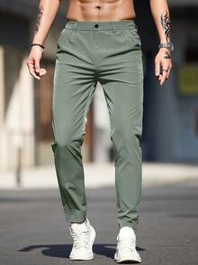 Men's Solid Color Slant Pocket Casual Commute Tapered Pants - Army Green - View 1