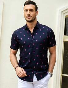 Men's Muscle Dress Shirts Slim Fit Stretch Short Sleeve Casual Button Down Shirts For Menhalloween - Hoa - Xanh navy - Xem 2