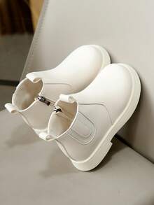 Leather Patchwork & Stitching Casual Style Girls Boots, Soft Sole British Style With Plush Lining, Fashionable Girls Booties - White - View 5