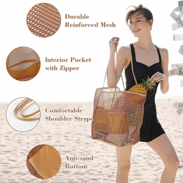 Fashion Large Mesh Beach Tote Bag - Foldable And Lightweight Oversized Pool Bag For Travel, Swimming Equipment And Summer Necessities, Durable Nylon Material, Machine Washable, Beach Bag Fashionable And Simple Travel Shoulder Bag Versatile Mesh Storage Beach Bag Portable Cool Breathable Large Capacity Bag Suitable For The Back To School Season Travel Office Storage