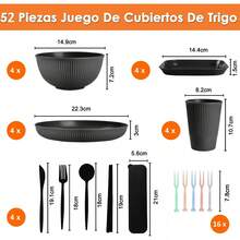 Juego de vajilla reutilizable de paja de trigo de 52 piezas, apto para microondas y lavavajillas, libre de BPA. Hecho de paja de trigo pura. Ideal para reuniones familiares, picnics y otras ocasiones - Negro - Ver 3