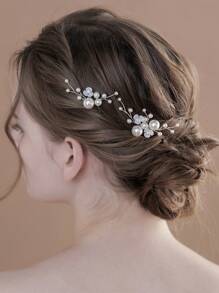 2pcs Resin Flower & Faux Pearl Decorated Casual Hair Clips, Suitable For Wedding, Daily Wear, Birthday Party