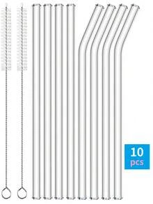 8pcs Reusable Glass Straws Set With 2 Straw Cleaners - Straight & Bent Heat-Resistant Straws For Smoothies, Boba, Cocktails, Iced Coffee - Home Kitchen, Party Supplies, Restaurant Drinkware ( + Case)