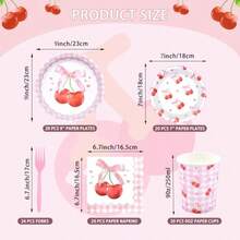 Juego de 100 piezas de vajilla desechable de cereza con diseño a cuadros rosas para fiestas, incluye platos, vasos, servilletas y tenedores. Diseño de cerezas lindas para cumpleaños, baby shower, despedida de soltera, picnic. Sirve para 20 invitados. - Cereza - Ver 2