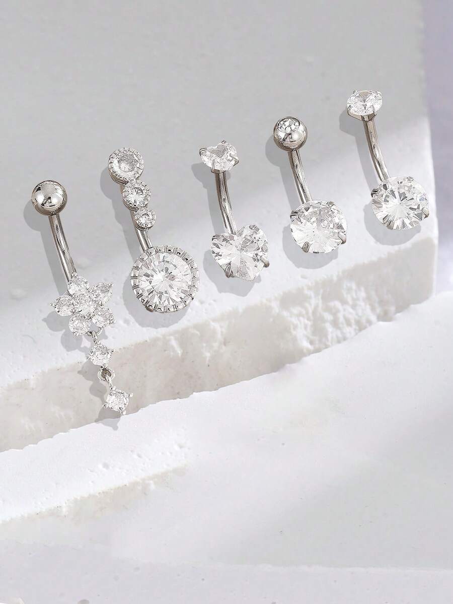 5 件性感奢华花卉心形锆石肚脐环女士身体穿孔首饰套装 - 銀色 - 查看 1