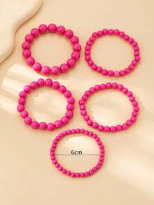 5pcs Elegant Rose Red Beaded Bracelets For Women, Fashionable & Minimalist Design, Suitable For Beach, Holiday, And Daily Wear - Hot Pink - View 4