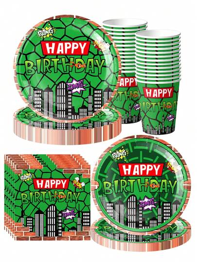 10pcs Superhero Birthday Party Plates And Napkins Green Comics Cityscape Architectural Party Set Men's Green Turtle Birthday Party Decor, Suitable For Birthday Parties, Family Parties, Friends Party, Summer Outdoor Parties
