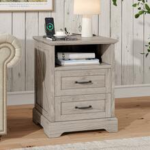 Farmhouse Nightstand With Charging Station, 2 Drawers Bed Side Table, 18 Inch Wide End Table For Bedroom, Living Room