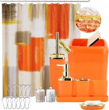 Orange Bathroom Accessories Set, Bathroom Sets With Shower Curtain, Orange Bathroom Accessories With Trash Can, Soap Dispenser, Soap Dish, Toilet Brush Holder, Qtip Holders For Bathroom - Coral Orange - View 1