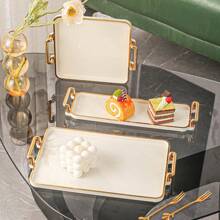 1pc Elegant Gold Trimmed PS Plastic Tray Set - Multipurpose Rectangular Tray For Kitchen, Dining Room, Living Room - Great For Tea, Snacks, Candy, Baked Goods - Perfect For Weddings, Gifts, Birthday Events