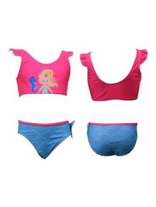 Conjunto de bikini infantil dividido para niñas de 4 a 10 años, sin mangas. El tejido es suave y delicado con la piel, decorado con adorables motivos cartonísticos de sirenas y diseños tridimensionales de colas de sirena en apliques. Es un conjunto de dos piezas ideal para niñas. - Rosa Fucsia - Ver 4